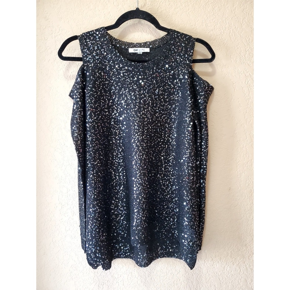 DKNY ● Black Sequin Cold Shoulder Top Women's ● Long Sleeve ●‎ Medium